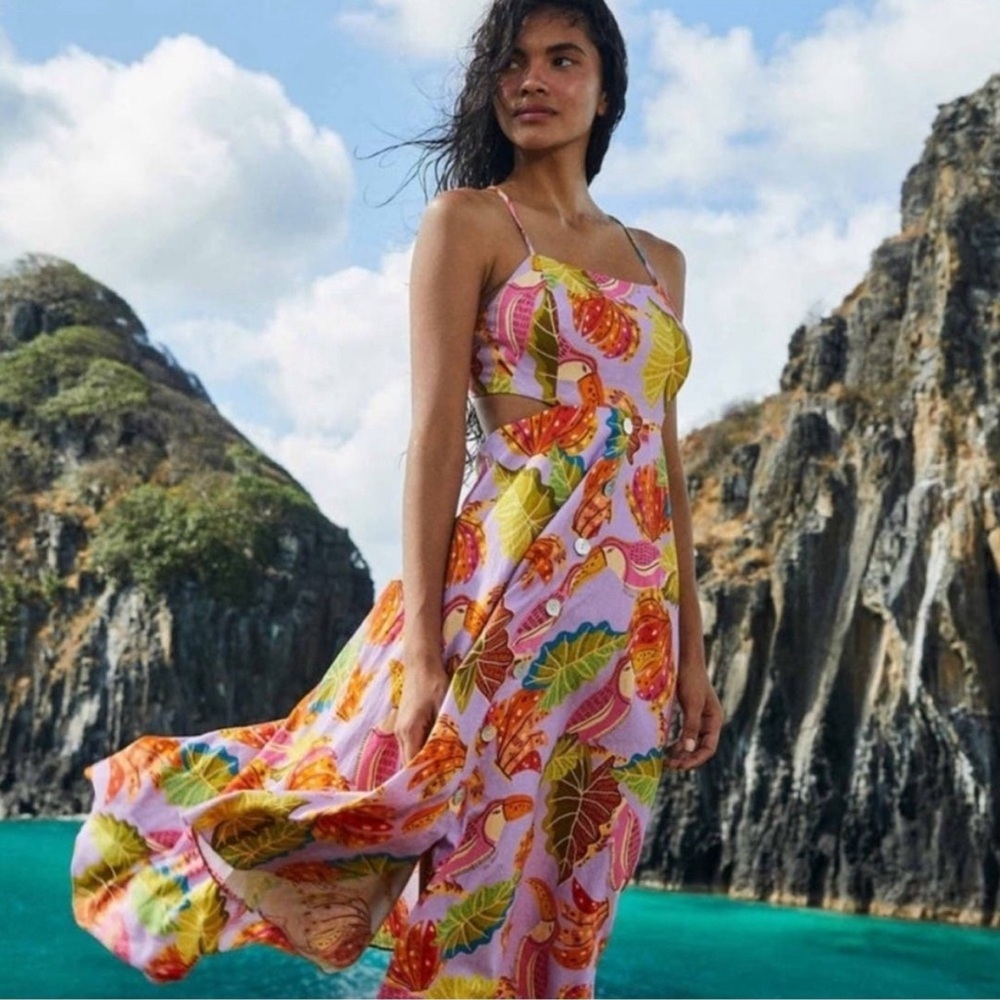Farm Rio Red Lilac Beaks And Bananas Midi Dress